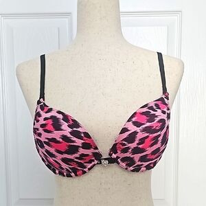 Victoria's Secret Underwire Padded Bra Pink Cheetah Size 36B Diamond Heart Front